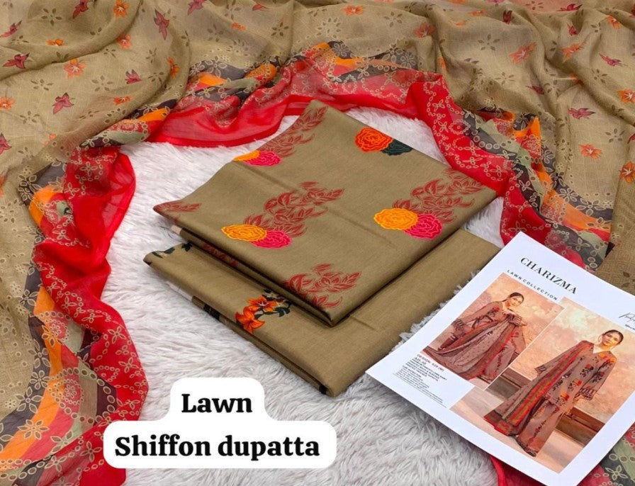 CHARIZMA  Printed without patched 3 Piece Unstitched Suit BR-13